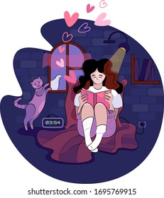 Girl reading a romantic book at night by the window with a cat. Dreamy girl sitting with a book in the cozy corner of a room. Cartoon vector illustration.