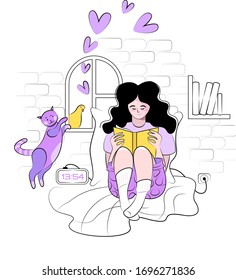 Girl reading a romantic book at night by the window with a cat. Dreamy girl sitting with a book in the cozy corner of a room. Cartoon line art vector illustration.