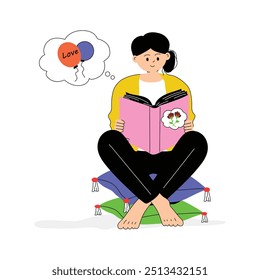 A girl reading a romantic story, ready to use flat illustration