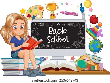 Girl reading with school supplies around