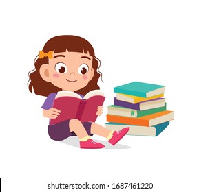 Girl reading and sit at side of book stack - Vector