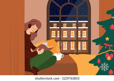 Girl reading, sitting cozy with book. Cartoon character of young woman in earphones listening to audiobook. Christmas tree