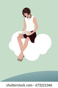 Girl reading sitting on a cloud. The sky and the sea in the background. Vector Illustration