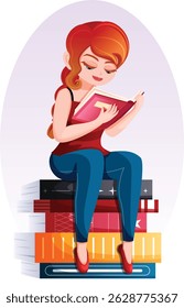 Menina Lendo Sentado na Pilha de Livros - Cartoon Book Lover Vetor Art