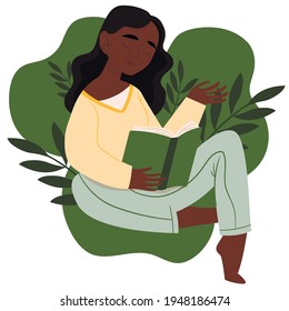 Girl reading, sitting on stacks of books in green leaves background. Concept design. Beautiful nature with Flat black young woman. Modern card for web design with isolated white background