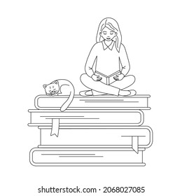 Girl reading sitting on stacks of books with cat. Outline young woman with book in hands isolated white background