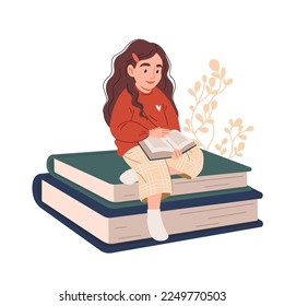 Girl reading, sitting on stacks of books