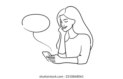 Girl reading SMS on the phone continuous line art drawing. Communication chat on the phone. Vector illustration