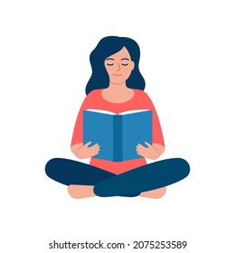 Girl reading and study book, self education. Knowledge from book, useful information, hobby of woman. Vector illustration