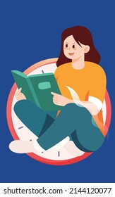 The girl is reading and studying with a clock and books in the background, vector illustration