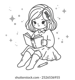 Girl Reading Surrounded by imagining and learning about things around her. Ideal for projects related to education, storytelling, childhood imagination, and creativity. - Coloring page for children. 