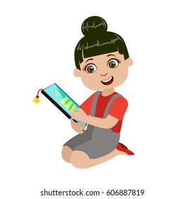 Girl Reading Text From Screen Of Tablet, Part Of Kids And Modern Gadgets Series Of Vector Illustrations