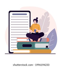 Girl reading textbook on smartphone. Ebook page on mobile phone screen. Student sitting on pile of books. Female character learns online. Concept of e-learning, education. Flat vector illustration