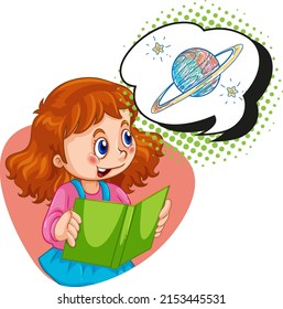 Girl reading and thinking of space illustration