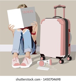 
Girl Reading A Travel Magazine Phone Headset Suitcase