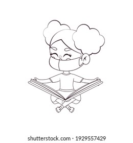 Girl reading wearing a face mask. Back to school - Vector illustration