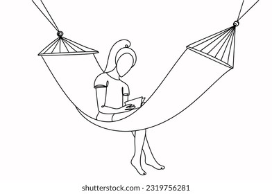 The girl is reading while sitting in a hammock. Self-education. International Self-Care Day. One line drawing for different uses. Vector illustration.