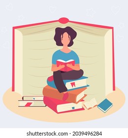 Girl reading while sitting on piles of books.Concept design. Beautiful autumn nature with Flat young woman. Modern card for web design.