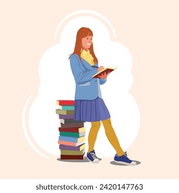Girl reading while sitting on a stack of books. Conceptual design. Modern postcard for web design on white background, isolated.