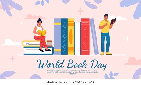 A girl reading while sitting on stacked books and a boy standing with a book, colorful cartoon style on pastel background. Concept of World Book Day. Vector illustration
