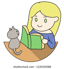 Girl Reads Book With Cat