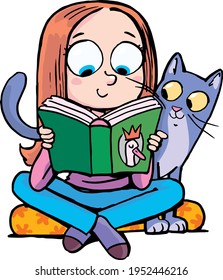 girl reads a book in the company of a cat