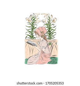 Girl reads book in the garden with lilies. Young naturalist student study flora use an encyclopedia. Lady in vintage style from the nineteenth century dressed in pink bonnet and ball gown. 