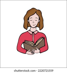 Girl reads book. Hand-drawn doodle schoolgirl reading a textbook. Vector, editable, isolated on white.