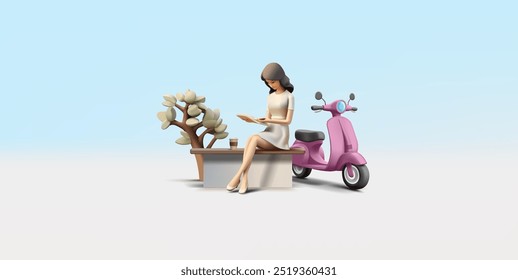 A girl reads a book at her leisure on a bench near a tree in the park, 3d. A cute character of a young girl reading her favorite books. Retro scooter, for pleasure and movement around the city. Vector