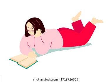 Girl reads a book, lying on the floor. Woman on white background. Modern flat vector illustration.