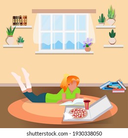 The girl reads a book in a lying position. White background. Learning concept. Reading in free time or during quarantine, vacation. Can be used as a collage, sticker in web design.