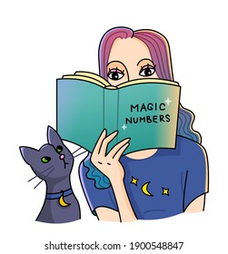 Girl Reads the book "magic numbers". Numerology or mathematics. A curious cat is sitting nearby. The process of learning and cognition. Vector drawing