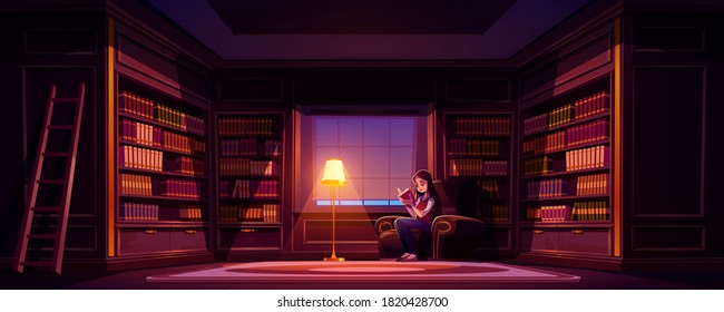 Girl reads book in old library at night. Vector cartoon illustration of luxury home library interior with reading woman in chair, wooden bookcases, ladder and lamp