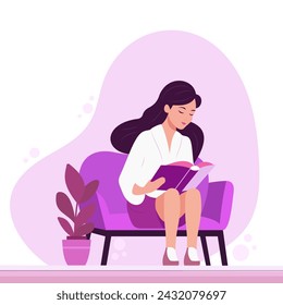 A girl reads a book on an armchair. Flat vector illustration