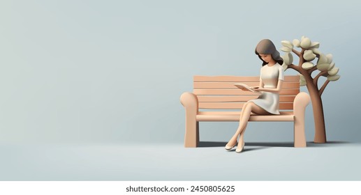 A girl reads a book on a bench, and a tree, 3D. Banner for the concepts of rest, leisure, pleasant leisure in the park, and reading favorite books in nature. Vector illustration.