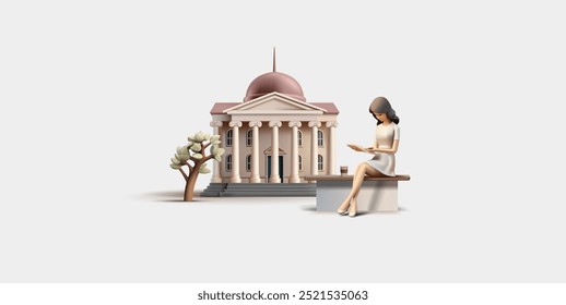 Una niña lee un libro en un banco, cerca del edificio de la Universidad, la universidad, la Biblioteca, 3D. Ilustración hermosa moderna para educación, literatura, estilo de vida y conceptos de diseño de ocio. Vector