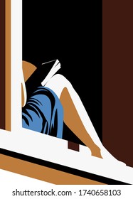
Girl reads a book on the windowsill