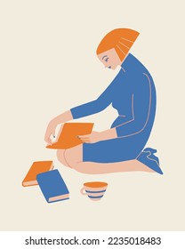 Girl reads a book sits on the floor surrounding by books and coffee cups at her cozy home illustration in vector.