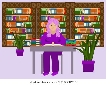 A girl reads a book at the table against the background of a bookcase in lilac color.