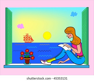 The girl reads the book at a window against the sea, the yacht, the sky and the sun