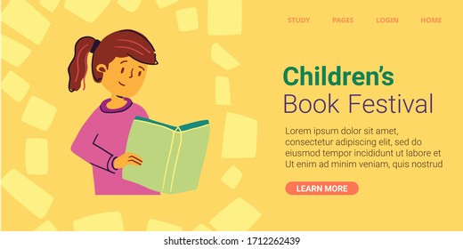 Girl Reads Book Written, Children Book Festival. Buy School Books Online. Purchase Printed Matter During Quarantine. Attend Online Meetings With Children's Writers During Self-isolation.