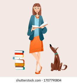 Girl reads books. Literacy Day. Vector illustration