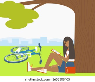 
A girl reads an e-book in a park. The girl came to the park on a bicycle. Technology, leisure concept. Active healthy lifestyle concept.   Summer people outdoors. Flat illustration vector.

