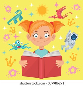 Girl reads fairy tale book. Vector flat cartoon illustration