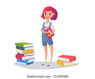 A girl reads a fairy tale from a book. Schoolboy training activities and pre-school education. Vector illustration for a poster, website.