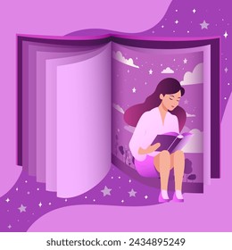 A girl reads a fantasy book against the background of a large book. Vector illustration