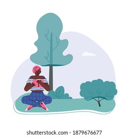 Girl reads interesting book outdoor. Young woman bookworm or fan and lover of literature sitting on grass in park or nature. Leisure or hobby. Flat vector illustration