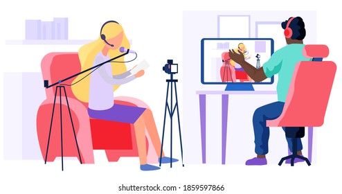 The girl reads the lyrics and sings into the microphone at the camera. The man at the computer looks at the customer. Guy shoots a clip for a client. People work in a recording studio together