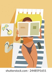 A girl reads a magazine on the beach on a deck chair. Summer vacation. Vector illustration.