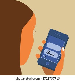 The girl reads reads the news in the phone. Vector illustration. The girl's head turned sideways to the floor looks at the phone in her right hand and reads the news.